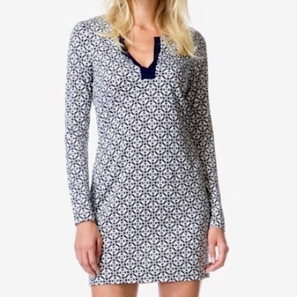 DVF Navy & Off White Silk Printed Reina Tunic Dress